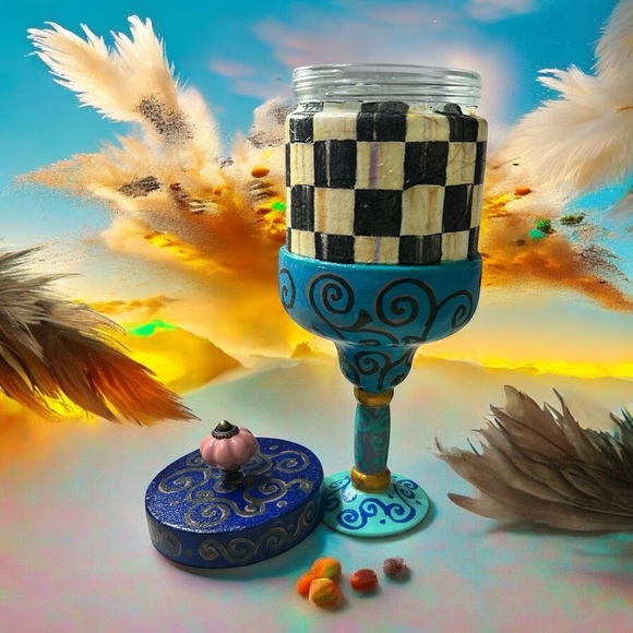 Artistic Blue and Black Checkered Trinket Jar, Mackenzie Child Inspired.. - Picture 11 of 14